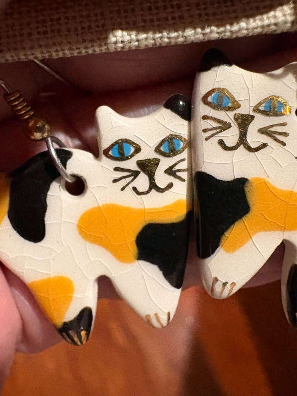 Vintage Handcrafted Ceramic Calico Cat Earrings Two Pairs for Pierced Ears - Picture 6 of 11